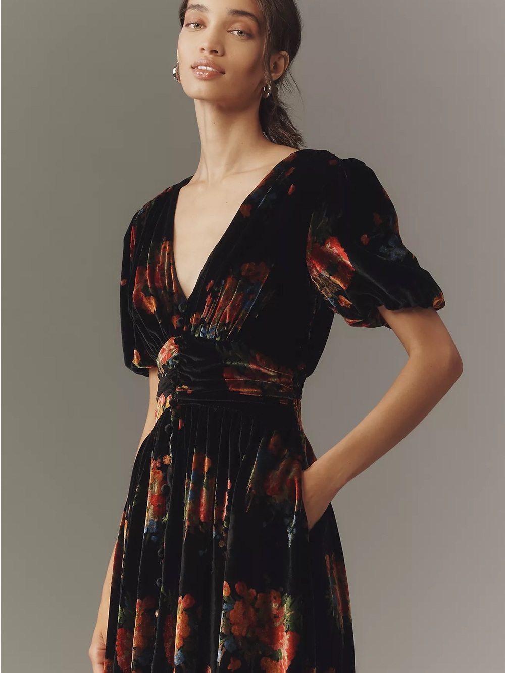 Anthropologie Black Velvet Floral Midi Dress with Puff Sleeves